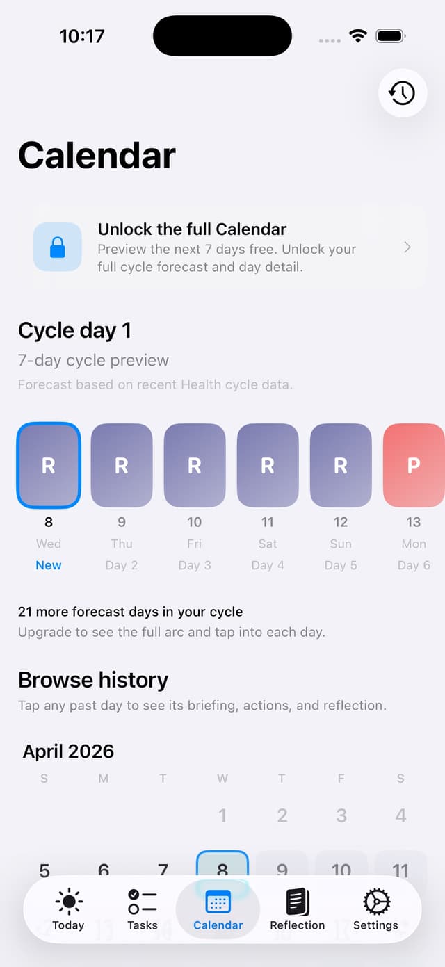 Phase's forecast calendar on iPhone with a horizontal strip of color-coded predicted days