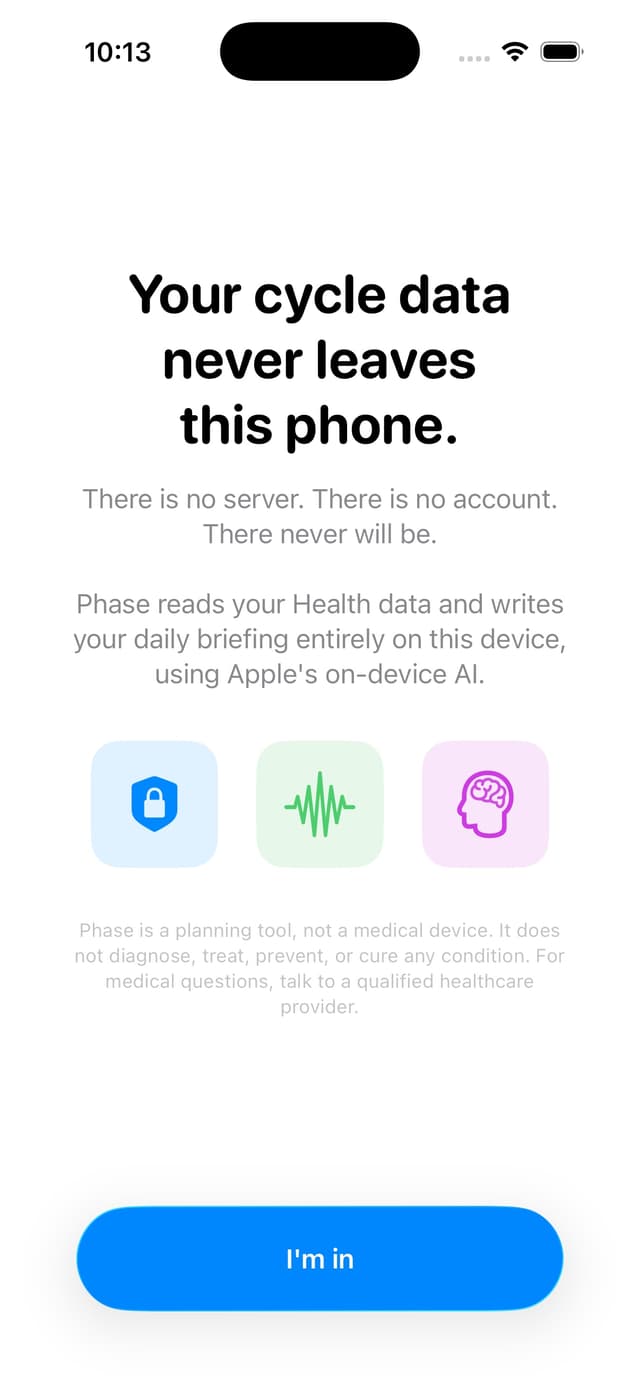 Phase's Privacy Promise onboarding step on iPhone, showing lock, waveform, and brain icons above the promise text